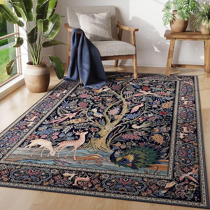 Rugcomf Area Rugs 4x6 Vibrant Tree of Life-Patterned Vintage Washable Rugs Non Slip Low Pile Small Carpet for Bedroom Bedside Kids Room Office Dining Room, Blue