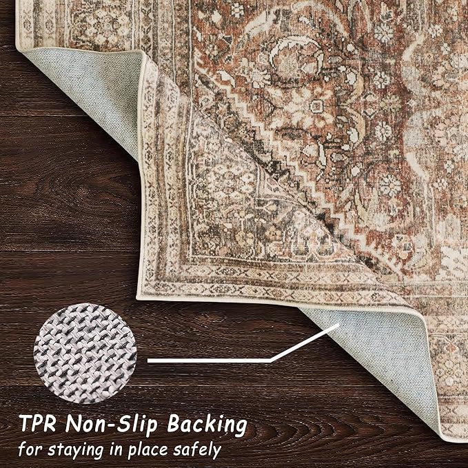 vivorug 9x12 Area Rugs for Living Room, Non Slip Machine Washable Vintage Rug, Ultra-Thin Lightweight Large Area Rug for Bedroom, Dining Room, Low Pile Rug Earth Tone