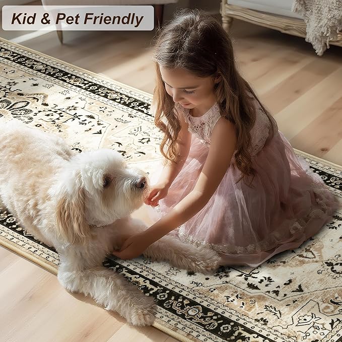 XWZO Runner Rug 2x10ft for Long Hallways, Washable Non-Slip Low Pile Area Rug with Rubber Backing, Spill Resistant Soft Vintage Floor Carpet for Kitchen Entryway Stair Landing Bedroom, Brown Beige