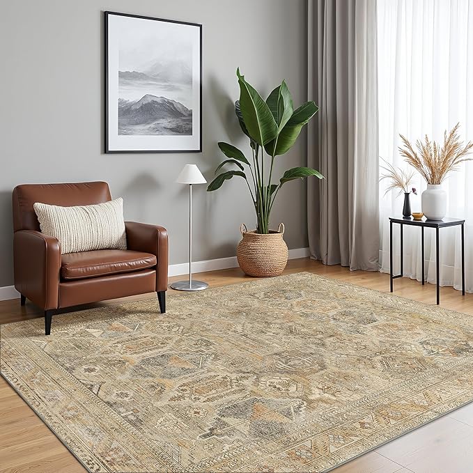 Bavni Washable Rug 3x5 Area Rug for Living Room Bedroom Dining, Washable Vintage Print Carpet, Ultra-Thin Chenille Low Pile Lightweight Rug with Non Slip Backing, Wood