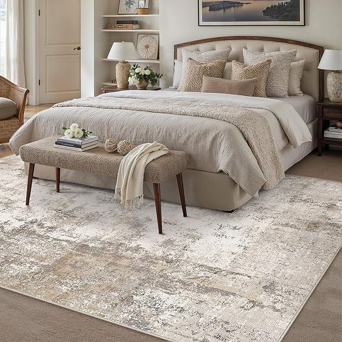 12x15 Area Rug Brown Grey Abstract Living Room Bedroom Washable Carpet Neutral Modern Non Slip Soft Low Pile Indoor Extra Large Throw Rug for Dining Room