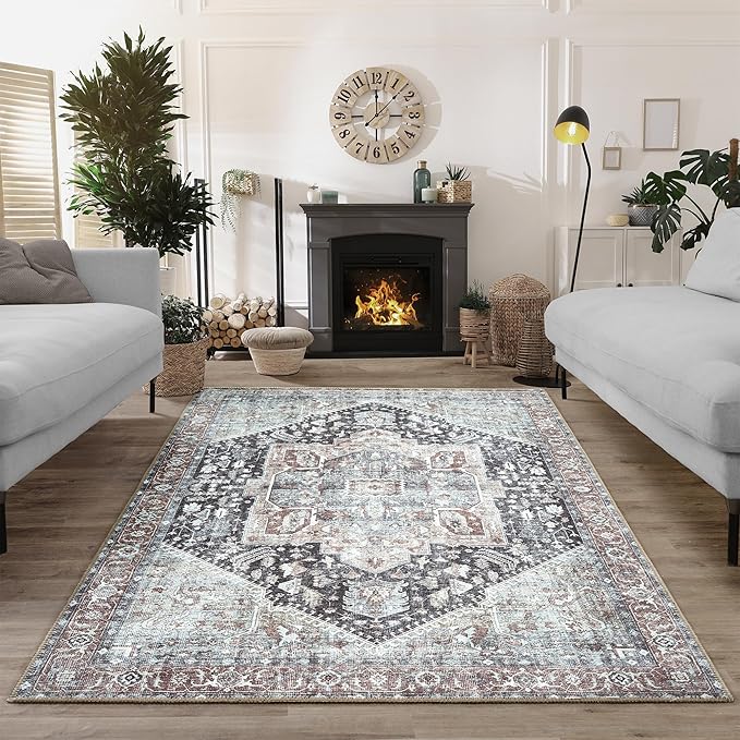 Bloom Rugs Washable Non-Slip 9' x 12' Rug - Charcoal/Brown Traditional Medallion Area Rug for Living Room, Bedroom, Dining Room, and Kitchen - Exact Size: 9' x 12'