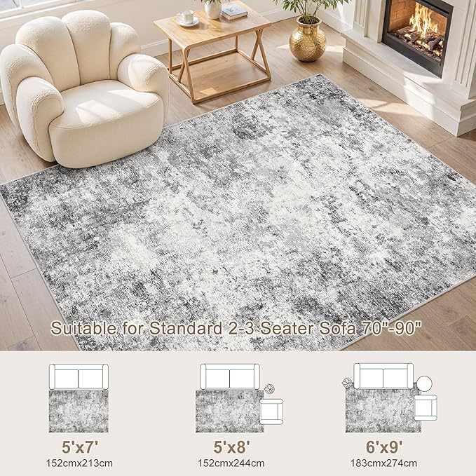 5x7 Area Rug Living Room Rugs - Washable Neutral Modern Abstract Soft Thin Large Rug Indoor Floor No Slip Rug Carpet for Bedroom Under Dining Table Home Office Decor - Grey