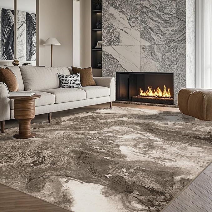 Abstract 5x7 Area Rugs: Modern Washable Rug for Living Room Bedroom Dining Room Indoor - Thin Low Pile Non-Slip Large Carpet - Beige Brown