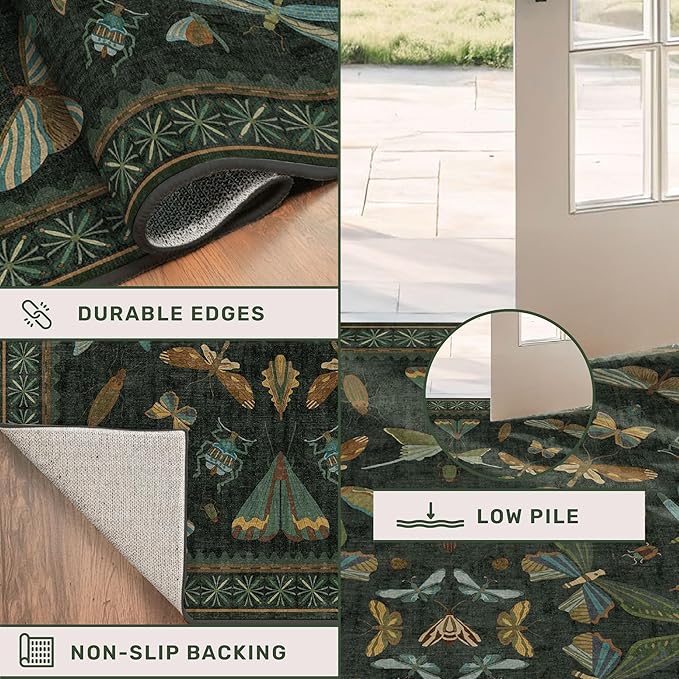 Dark Green Rug for Entryway Indoor- 3x6 Large Washable Kitchen Rug, Non Slip Insect & Floral Pattern Carpet for Entry Way, Mudroom, Vintage Stain Resistant Indoor Décor