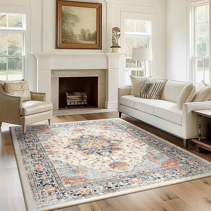 Area Rugs Square 8ft Washable Non-Slip, Floral Vintage Distress Print Pattern Medallion Carpet for Living Room Bedroom Dining Room, Beige Navy Blue Orange Colorful