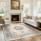 Area Rugs Square 6ft Washable Non-Slip, Floral Vintage Distress Print Pattern Medallion Carpet for Living Room Bedroom Dining Room, Beige Navy Blue Orange Colorful
