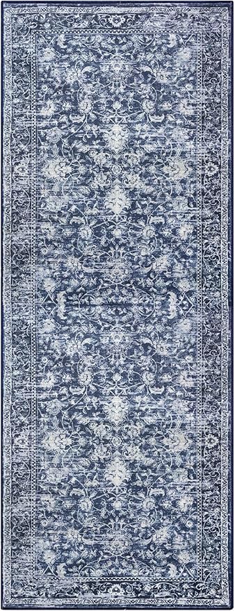 KILOCOCO Hallway Runner 3x8 Rug Runner Printed Vintage Floral Washable Kitchen Runners Non-Slip Rubber Backed Runners for Hallways Laundry Room Distressed Boho Rugs for Entryway Bedroom, Blue