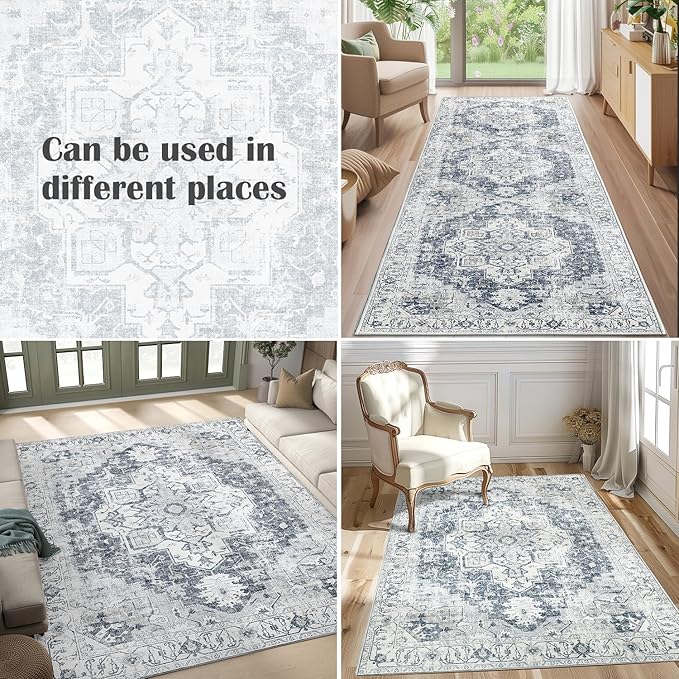 jinchan Kelda Runner Rug 2x6 Hallway Rug Kitchen Washable Runner Vintage Mat Retro Print Lightweight Non-Slip Accent Floor Cover Distressed Thin Carpet for Entryway Bathroom Bedroom Laundry Room Grey