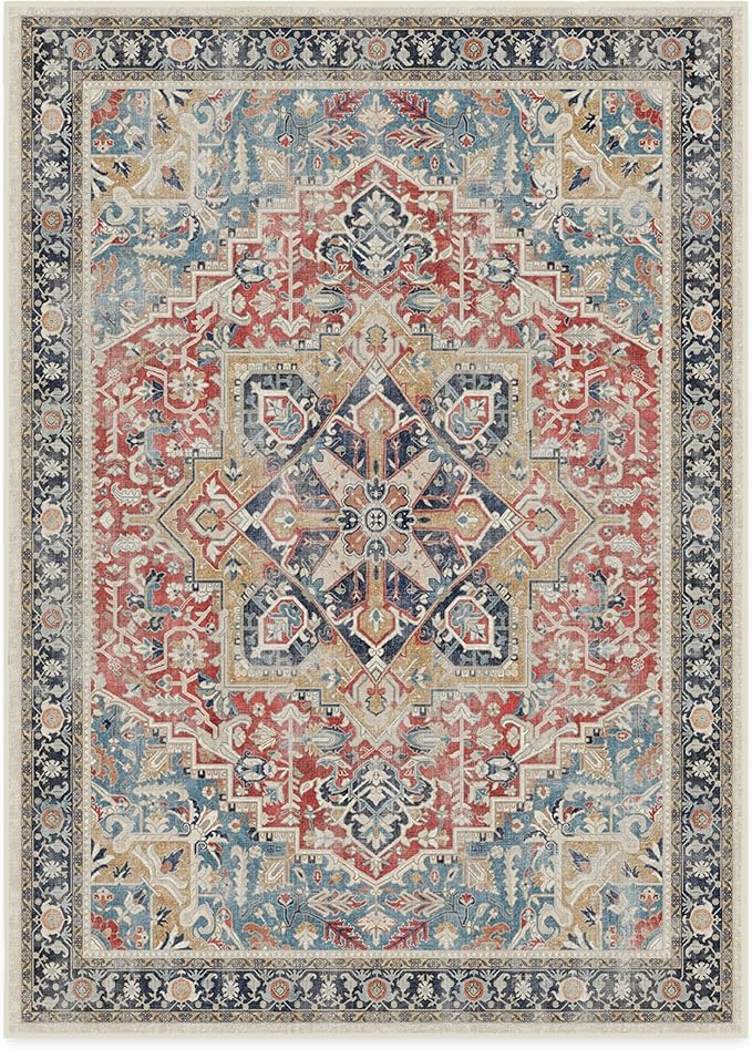 RUGGABLE Washable Vintage Area Rug – Kamran Cayenne Red 10x14, Stain-Resistant, Non-Slip – Large Machine Washable Rugs for Living Room, Bedroom, Hallway, Entryway & Office–with Standard Pad