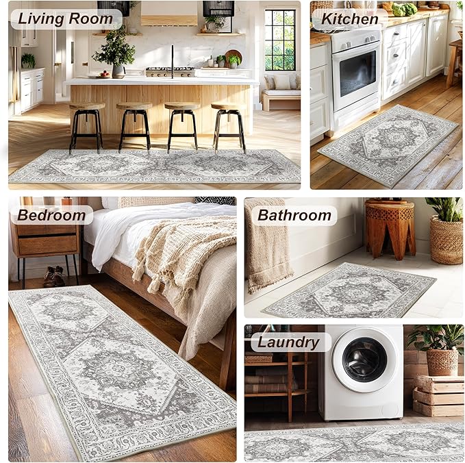 XWZO Runner Rug 2x6ft, Washable Hallway Runner with Non-Slip Backing, Vintage Spill Stain Resistant Floor Mat for Entryway Corridor Bedroom Kitchen, Soft Low-Pile Area Carpet, Grey