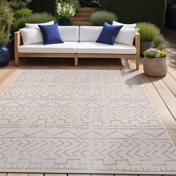 Beverly Rug Waikiki Indoor Outdoor Rug 5x7, Washable Outside Carpet for Patio, Deck, Porch, Trellis Area Rug, Water Resistant, Beige - White