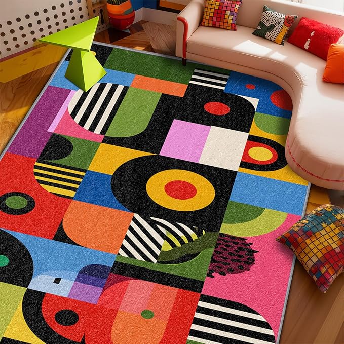 Colorful Rug, Abstract Love Heart Pop Art Area Rugs 5x6, Hippie Aesthetic Funky Non Slip Thin Carpets House Decor #C058