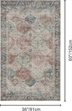 Bavni 3x5 Area Rugs for Living Room, Machine Washable Rug Non Slip, Vintage Chenille Distressed Print Carpet, Large Low Pile Ultra-Thin Lightweight Rugs for Bedroom, Dining Room, Home, Office, Red