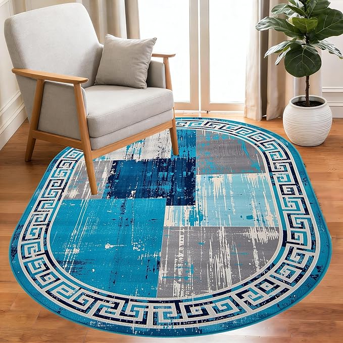 Distressed Blue Grey Greek Key Pattern Indoor Area Rug 5x7 for Living Room Bedroom Dining Room Faux Wool Anti Slip Floor Mats Nursery Entryway Minimalist Geometric Texture Bordered Rugs Retro Carpet
