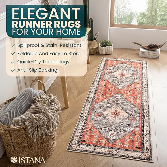Istana Hallway Runner Rug 2x8 – Red/Teal Entryway Rug -Silk's Soft Touch Runners for Hallways - Stylish Kitchen Runner Rug Non Slip