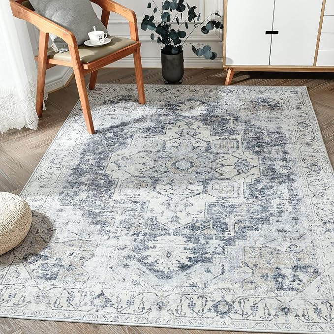 jinchan Kelda Area Rug 5x7 Washable Bedroom Rug Vintage Indoor Floor Cover Distressed Lightweight Non-Slip Low Pile Thin Mat Accent Stain Resistant Carpet for Living Room Dining Room Office Grey