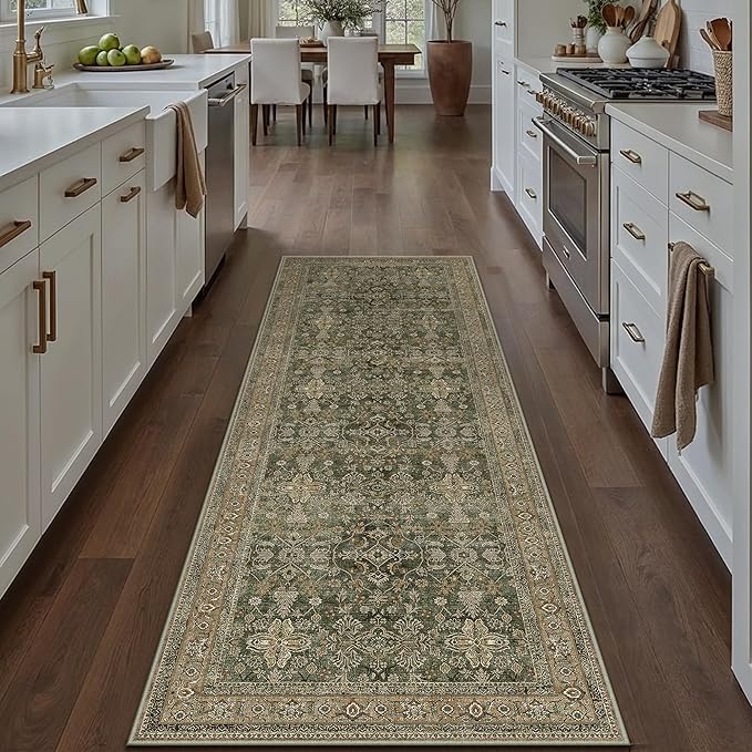 Hallway Runner Rug 2x6 Green Brown Vintage Washable Kitchen Carpet Traditonal Distressed Soft Non Slip Long Runner Retro Low Pile Thin Rug for Laundry Bedroom Entrance Bathroom