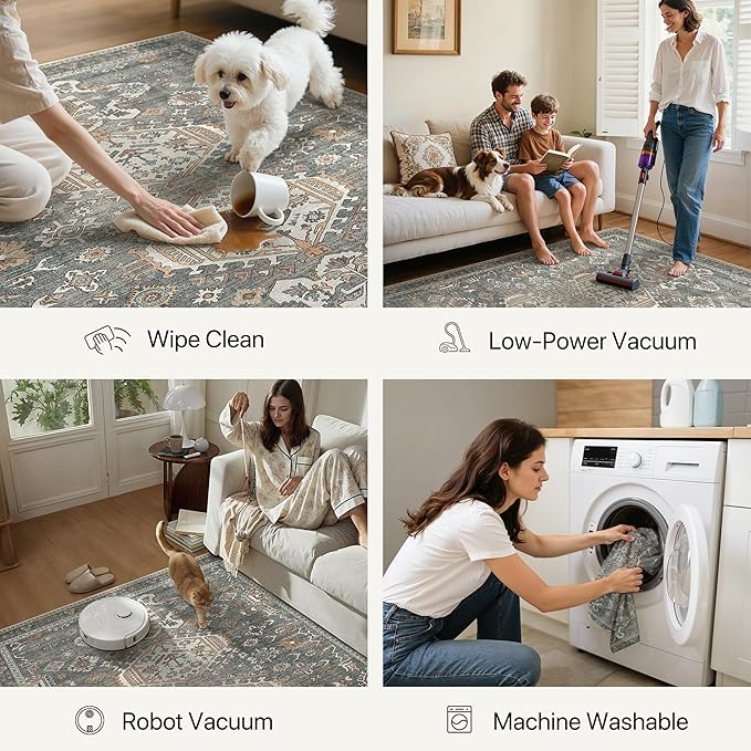 Bavni Washable Runner Rug 2x5, Non Slip Vintage Hallway Runner, Ultra Thin Low Pile Washable Carpet for Kitchen Entryway Bedroom, Grey