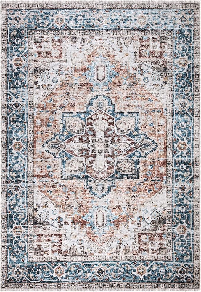 Bloom Rugs Caria Washable Non-Slip 3x5 Rug - Terracotta/Blue Traditional Area Rug for Living Room, Bedroom, Dining Room, and Kitchen - Exact Size: 3' x 5'