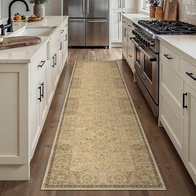 HUGEAR 2x8 Machine Washable Hallway Runner Rugs Vintage Brown - Neutral Non Slip Stain Resistant Low Pile Aesthetic Throw Carpet Kids & Pet Friendly for Bedroom Kitchen Entryway