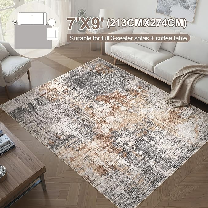 Area Rug Living Room Rugs - 7x9 Washable Large Soft Indoor Neutral Modern Abstract Low Pile Rug Carpet for Bedroom Dining Room Farmhouse Home Office - Grey Brown