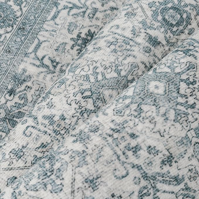 Area Rug 9x12 Blue Washable Living Room Carpet Soft Non Slip Vintage Bedroom Indoor Office Traditional Retro Distressed Large Thicker Throw Rug for Dining Room Playroom