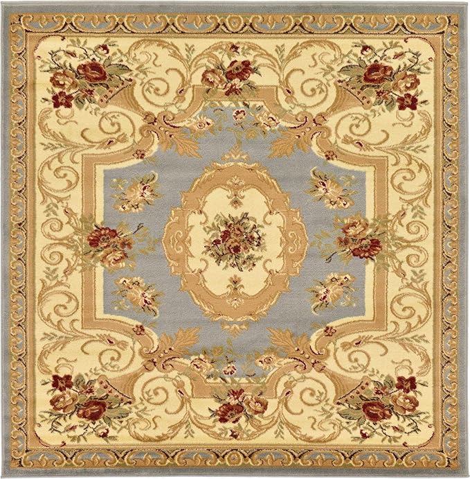 Unique Loom Versailles Collection Traditional Classic Floral Motif Area Rug (6' 0 x 6' 0 Square, Slate Blue/ Ivory)