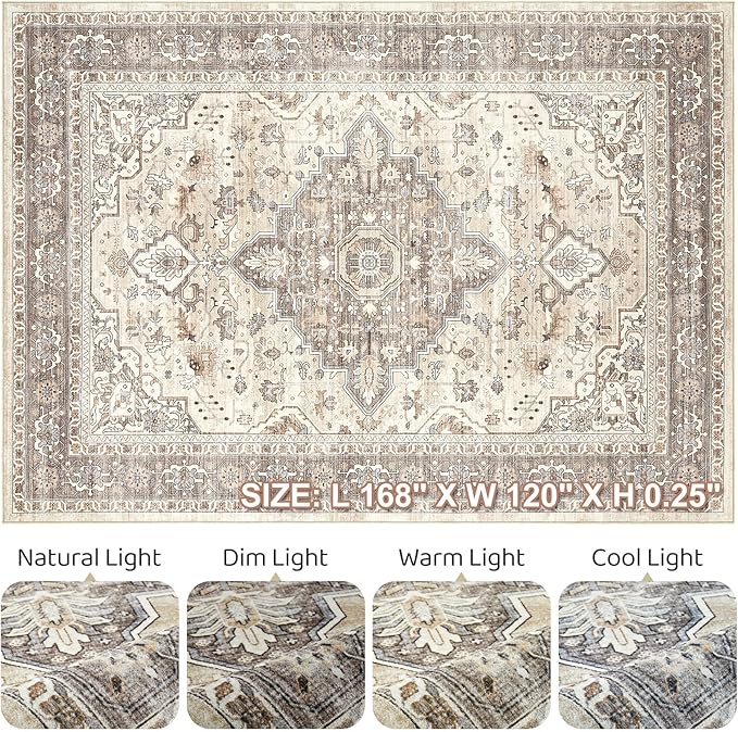 10x14Ft Area Rugs Living Room: Washable Boho Large Neutral Vintage Soft Rug Stain Resistant Farmhouse Non Slip Indoor Floor Carpet for Bedroom Nursery Kids Playroom Office Dining Room- Beige Brown