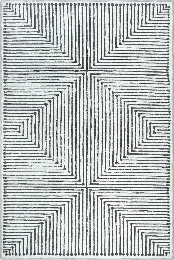 Bloom Rugs Washable Non-Slip 4' x 6' Rug - Black/Ivory Striped Area Rug for Living Room, Bedroom, Dining Room, and Kitchen - Exact Size: 4' x 6'