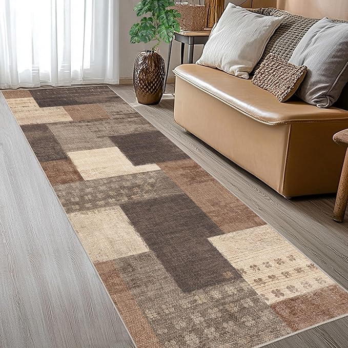 Modern Geometric Patchwork Indoor Runner Rug for Living Room, Beige 2'x 6' Large Rug Rockwood Collection Hardwood Floors Decor for Bedroom, Beige Throw Carpet for Office Entryway Dining Room