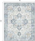 8x10 Area Rugs for Living Room, Machine Washable Non Slip Vintage Rugs, Low Pile Lightweigt Chenille Print Indoor Rug for Bedroom, Dining Room, Home Office, Blue