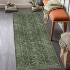 Washable Area Rug 2x6 Green Runner Rugs for Living Room, Vintage Boho Hallway Large Rug for Bedroom Dining Room Office, Distressed Floral Carpet for Under Table, Soft Non Slip Low Pile Throw Carpet