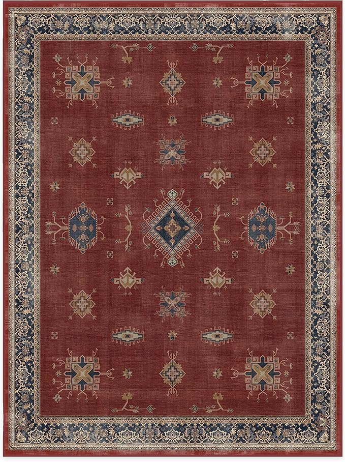 RUGGABLE Washable Vintage Area Rug – Verena Amber Red 9x12, Stain-Resistant, Non-Slip – Large Machine Washable Rugs for Living Room, Bedroom, Hallway, Entryway & Office–with Standard Pad