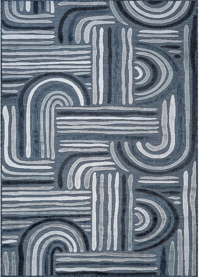 CAMILSON Indoor Outdoor Rug, Navy Blue 10x14 Geometric Arch Striped Large Area Rugs for Patio and Home Areas, Easy-Cleaning Non-Shedding Living Room, Garden and Deck Washable Outside Carpet 10 x 14