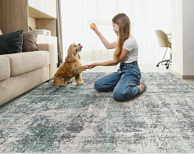 8x10 Area Rug Living Room Rugs - Washable Neutral Modern Abstract Soft Thin Large Rug Indoor Floor No Slip Rug Carpet for Bedroom Under Dining Table Home Office Decor - Green/Grey