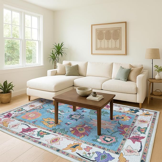 Fame Living Colorful Oushak Rug, Modern, Vintage, Turkish, Eclectic, Floral, Pastel, Washable, Extra Large Area Rugs for Living Room, Dining, Bedroom, Lounge, 9'x12'