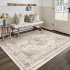 Area Rug 5x7 Beige Washable Living Room Carpet Non Slip Vintage Medallion Low Pile Soft Indoor Bedroom Retro Distressed Indoor Rug for Kitchen Home Office Laundry Dining Room