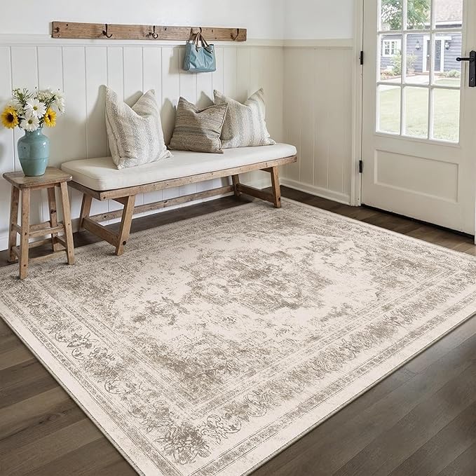 Area Rug 5x7 Beige Washable Living Room Carpet Non Slip Vintage Medallion Low Pile Soft Indoor Bedroom Retro Distressed Indoor Rug for Kitchen Home Office Laundry Dining Room