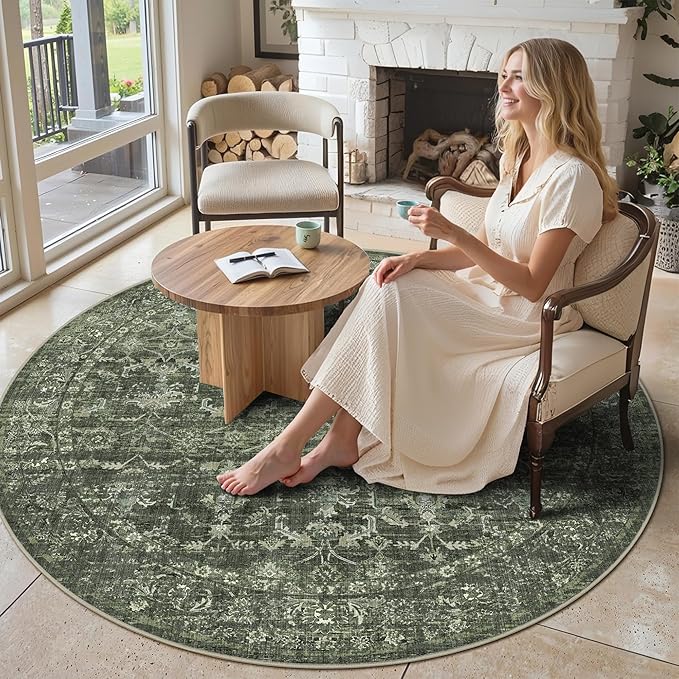 6ft Round Washable Area Rugs for Living Room, Vintage Boho Large Rug for Bedroom Dining Room Office, Distressed Floral Print Carpet for Under Table, Soft Non Slip Low Pile Throw Indoor Mat, Green