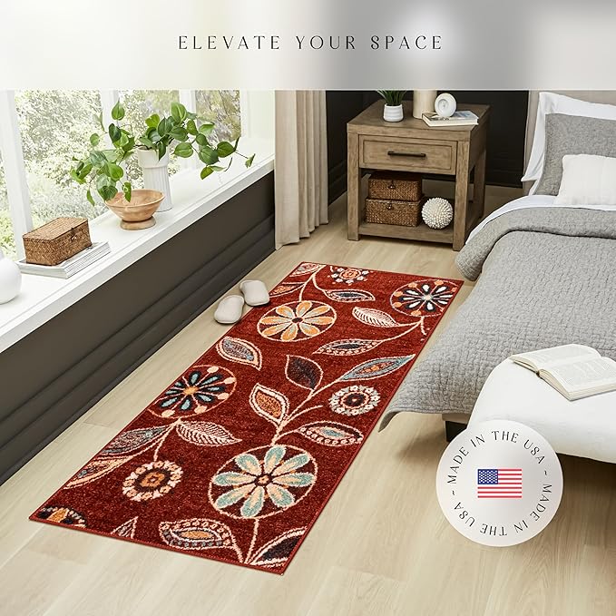 Maples Rugs Reggie Floral Runner Rug - Made in USA - Washable, Non Slip Indoor Carpet for Kitchen, Hallway, and Laundry Room, 2'6" x 6', Merlot