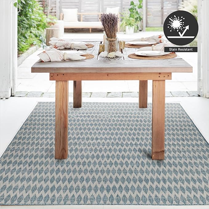 FH Home Flat Woven Outdoor Rug - Waterproof, Easy to Clean, Stain Resistant - Premium Polypropylene Yarn - Geometric - Patio, Deck, Porch, Balcony, Laundry Room - Giza - Aqua - 3ft 11in x 5ft 6in