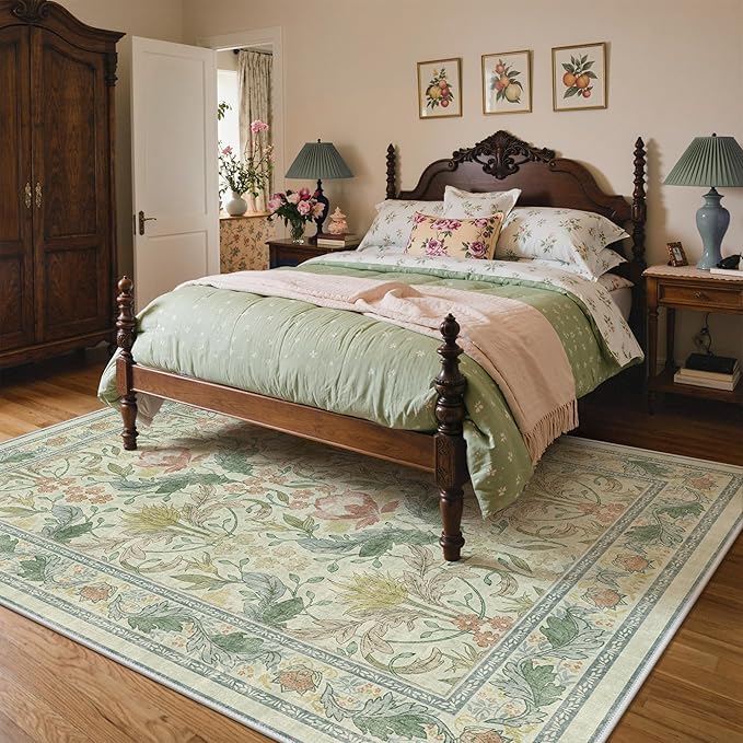 Bavni 8x10 Area Rugs for Living Room, Microfiber Machine Washable Non-Slip Vintage Floral Rug, Low Pile Lightweight Carpet for Bedroom, Dining Room, Home Office, Beige&Green