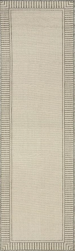 Nuloom Asha Light Grey/Ivory, 2' x 8', Casual, Striped Border, Soft and Cozy, High Traffic, Stain Resistant, Easy Clean, Durable Runner for Indoor/Outdoor Patio, Deck, Porch, Garden, Courtyard