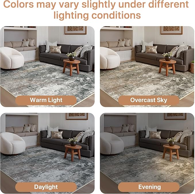 GENIMO Washable 6x9 Area Rugs for Living Room, Non Slip Modern Abstract Rug, Machine Washable Stain Resistant Low Pile Soft Carpet for Bedroom, Dining, Office, Black Grey