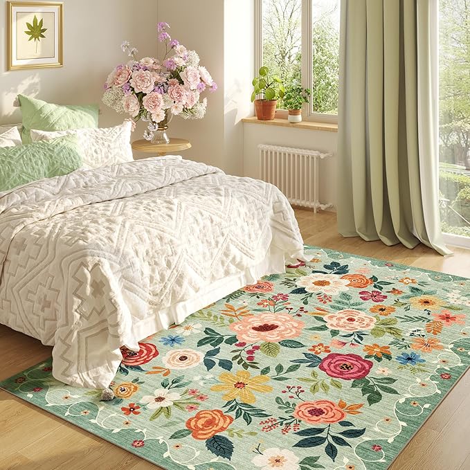DUKINO 4x6 Area Rug, Floral Rugs for Living Room, Lightweight Non Slip Washable Rug, Indoor Low Pile & Non-Shedding Boho Design Rugs for Bedroom, Living Room, Dining Room, Green