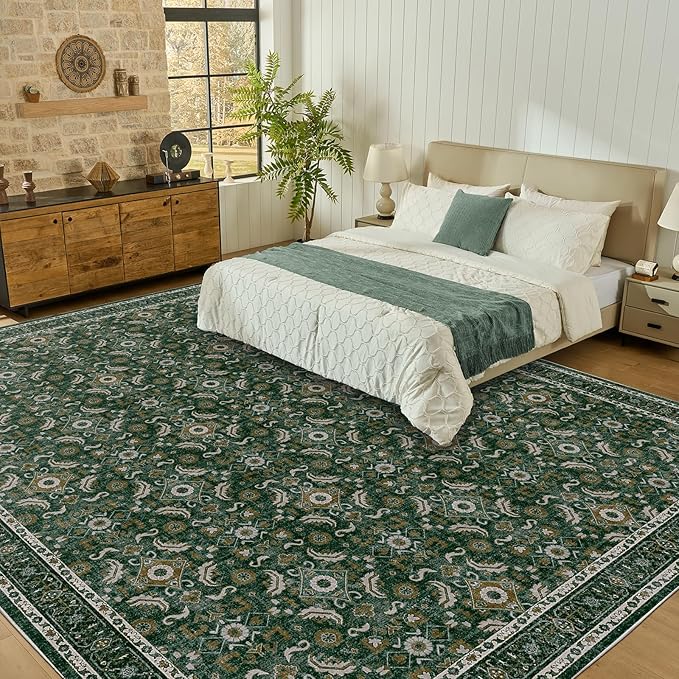 WITSHOCK Living Room Area Rugs 12x15: Soft Non-Slip Backing Washable Rugs Vintage Large Carpet for Bedroom Office Dining Room Kitchen Stain Resistant Home Decor Rug, Dark Green
