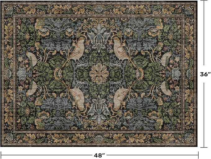 Large Entryway Rugs Indoor - 3x4 Washable Rugs for Kitchen Bedroom Beside Bed Door Mat Indoor Entrance with Moody Woodland Flowers, Non Slip Stain Resistant Low Pile
