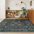 Cottagecore 5x8 Throw Rugs for Living Room, Washable Forest Rugs for Dining Room, Non Slip 5 by 8 Bedroom Under Bed, Low Pile Soft Carpet (Navy Blue & Deep Teal)