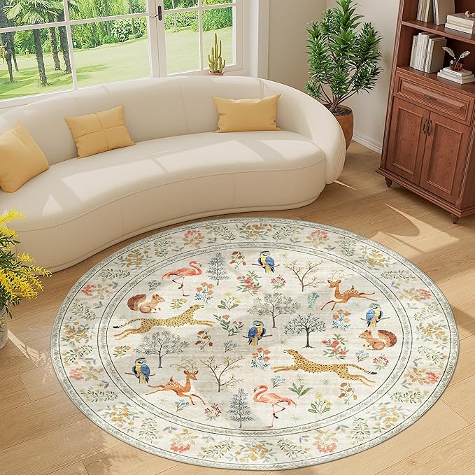 DUKINO 6ft Round Rug for Bedroom, Animal Print Washable Circle Rug with Low Pile Design, Soft Indoor Floor Non Slip Carpet for Entryway, Living Room, Office, Dining Room, Beige